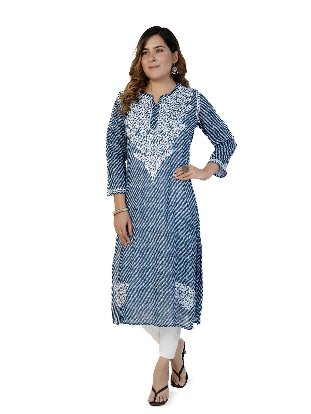 GULMOHAR CHIKAN ART Floral Yoke Design Chikankari Notch Neck Modal Cotton Straight Kurta