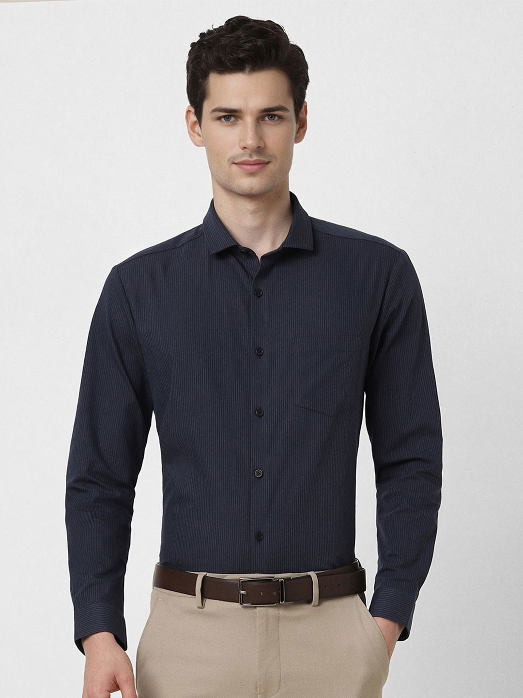 Peter England Pinstripes Opaque Slim Fit Formal Shirt