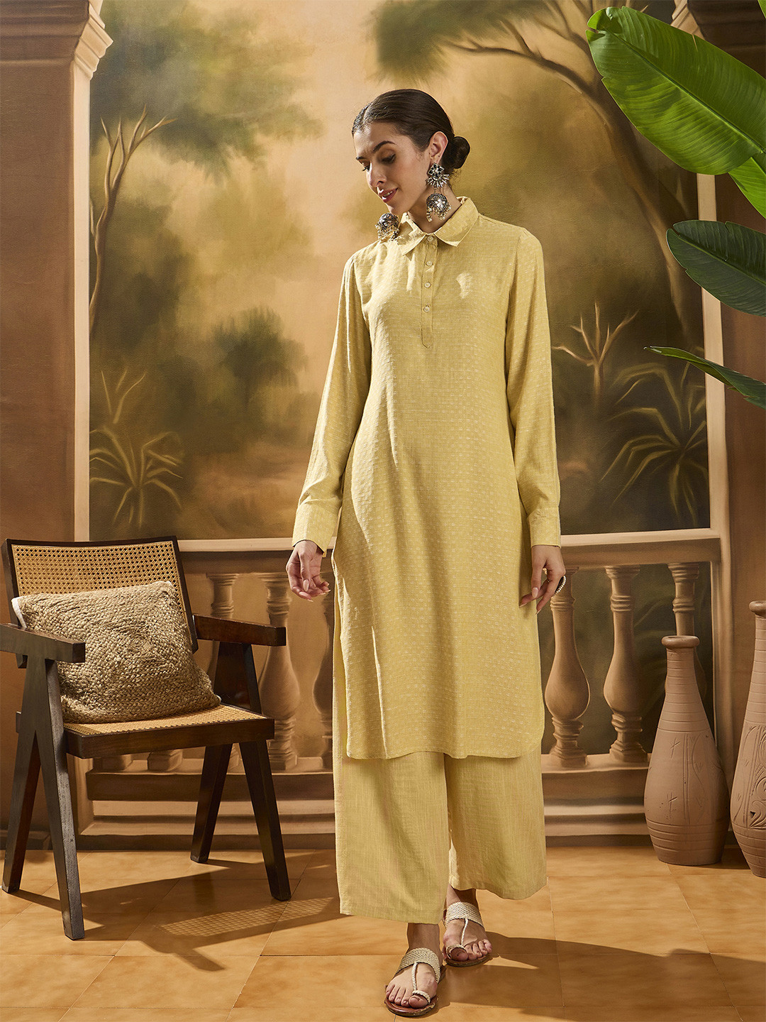Sangria Abstract Woven Design Shirt Collar Kurta With Palazzo