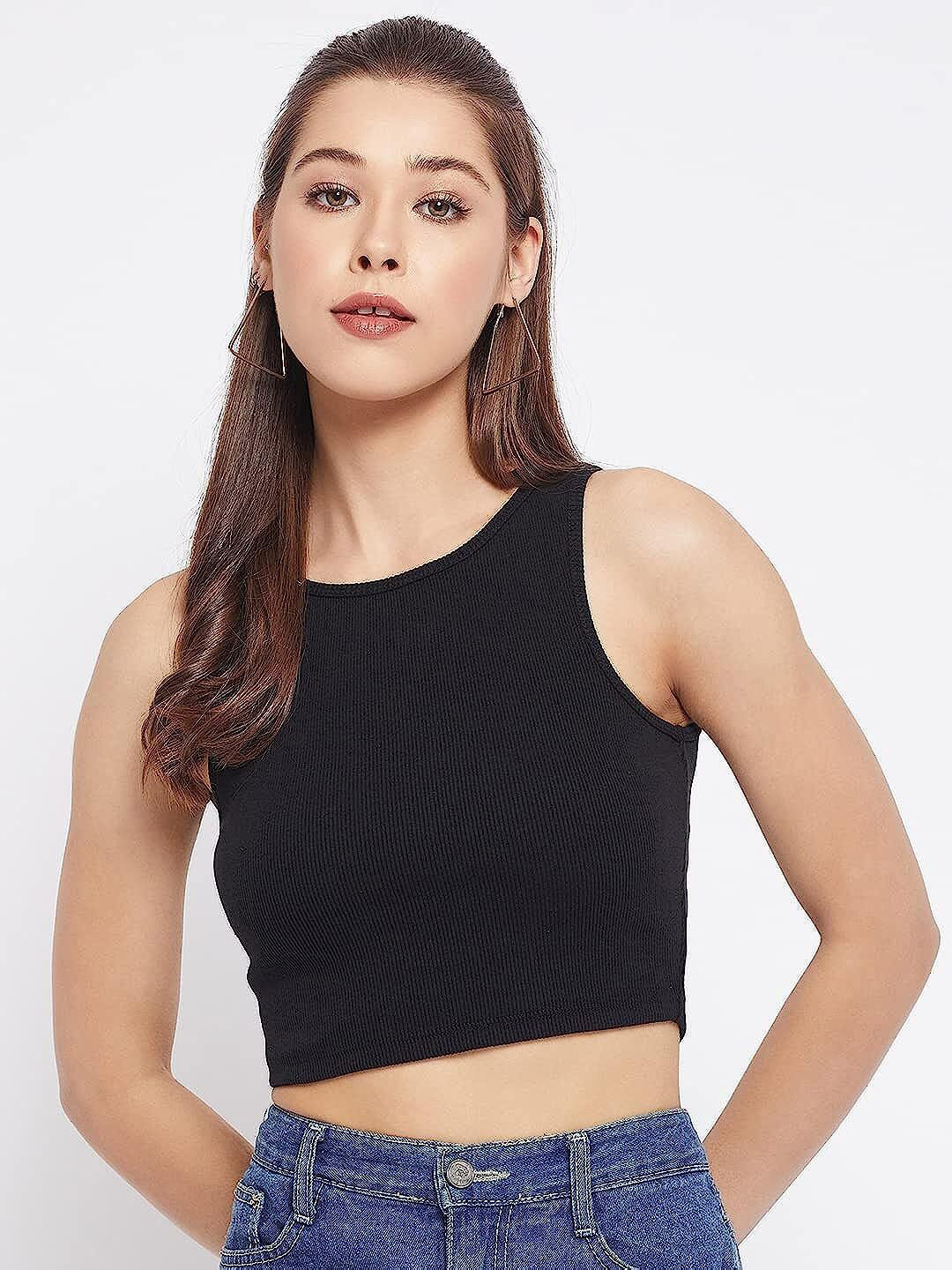PRIME LOVE Solid Round Neck Sleeveless Crop Top