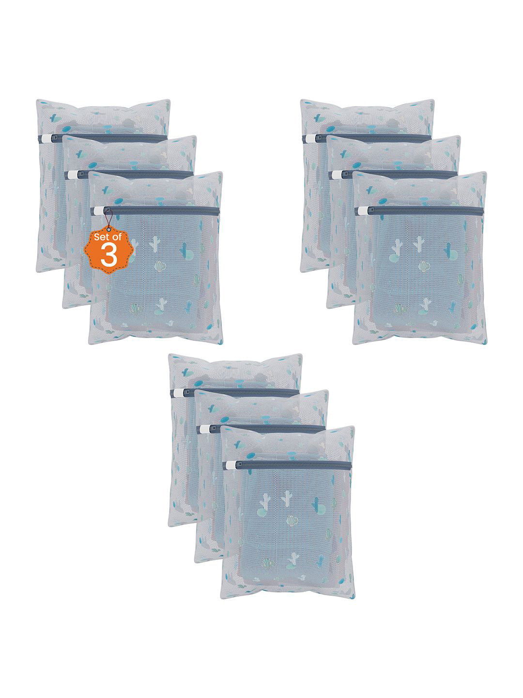 Kuber Industries White & Blue 9 Pieces Cactus Printed Reusable Laundry Bags With Zipper