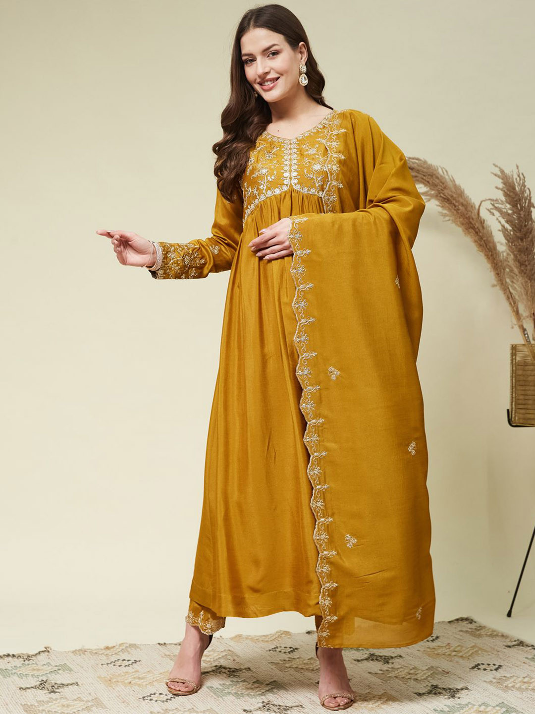 MOKOSH Floral Yoke Design V Neck Thread Work Alia Cut Kurta With Trouser & Dupatta
