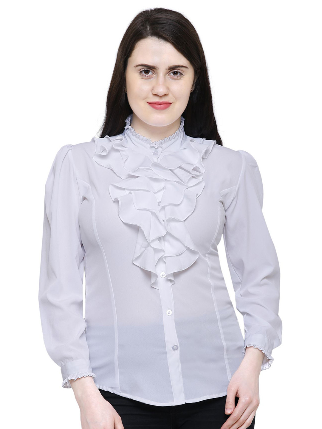 KEIRAA High Neck Vintage Victorian Style Ruffle Semi Sheer Shirt