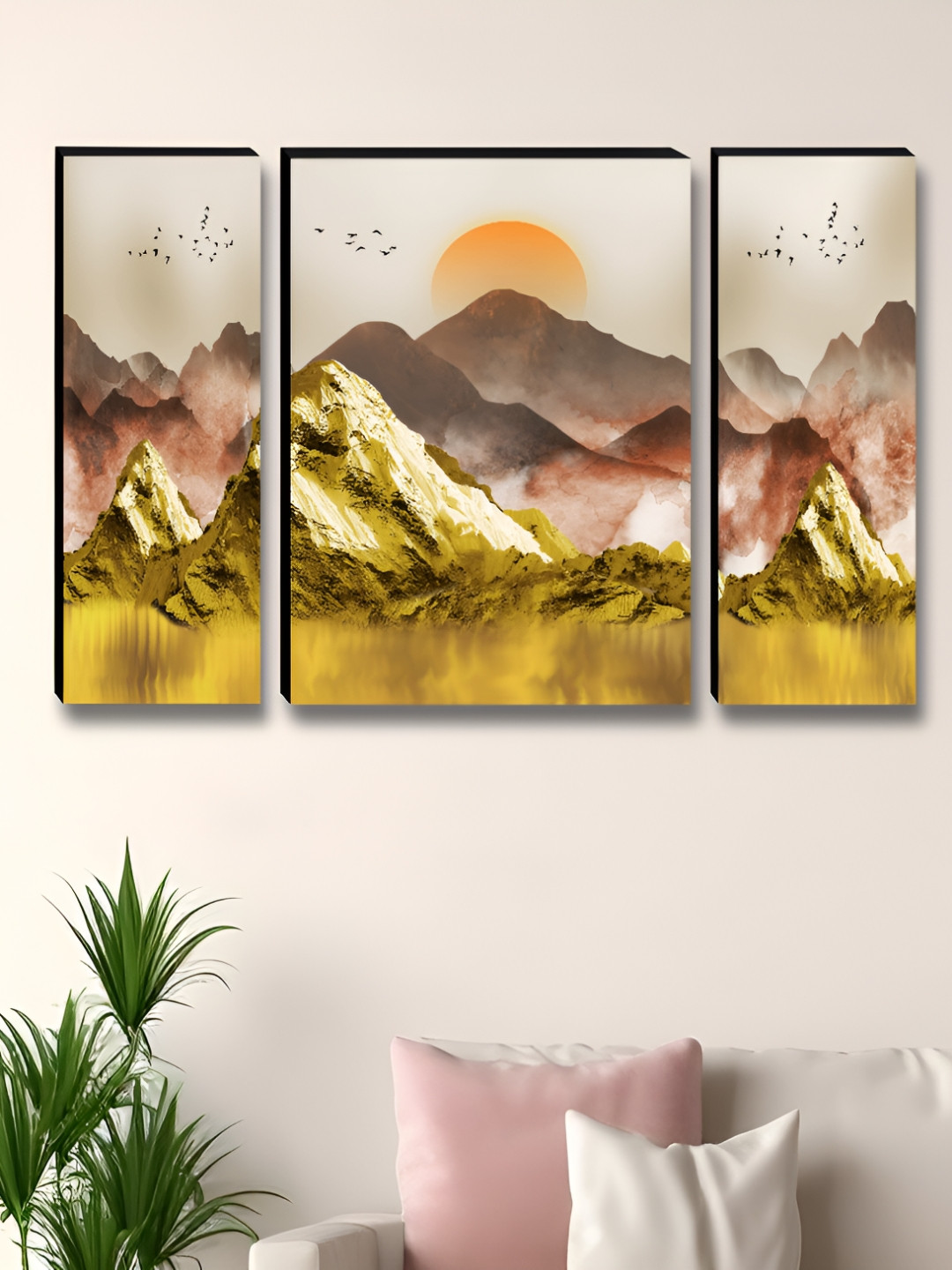 Myntra Elegant Homes Gold-Toned & Peach 3 Pieces Rising Sun Wall Art