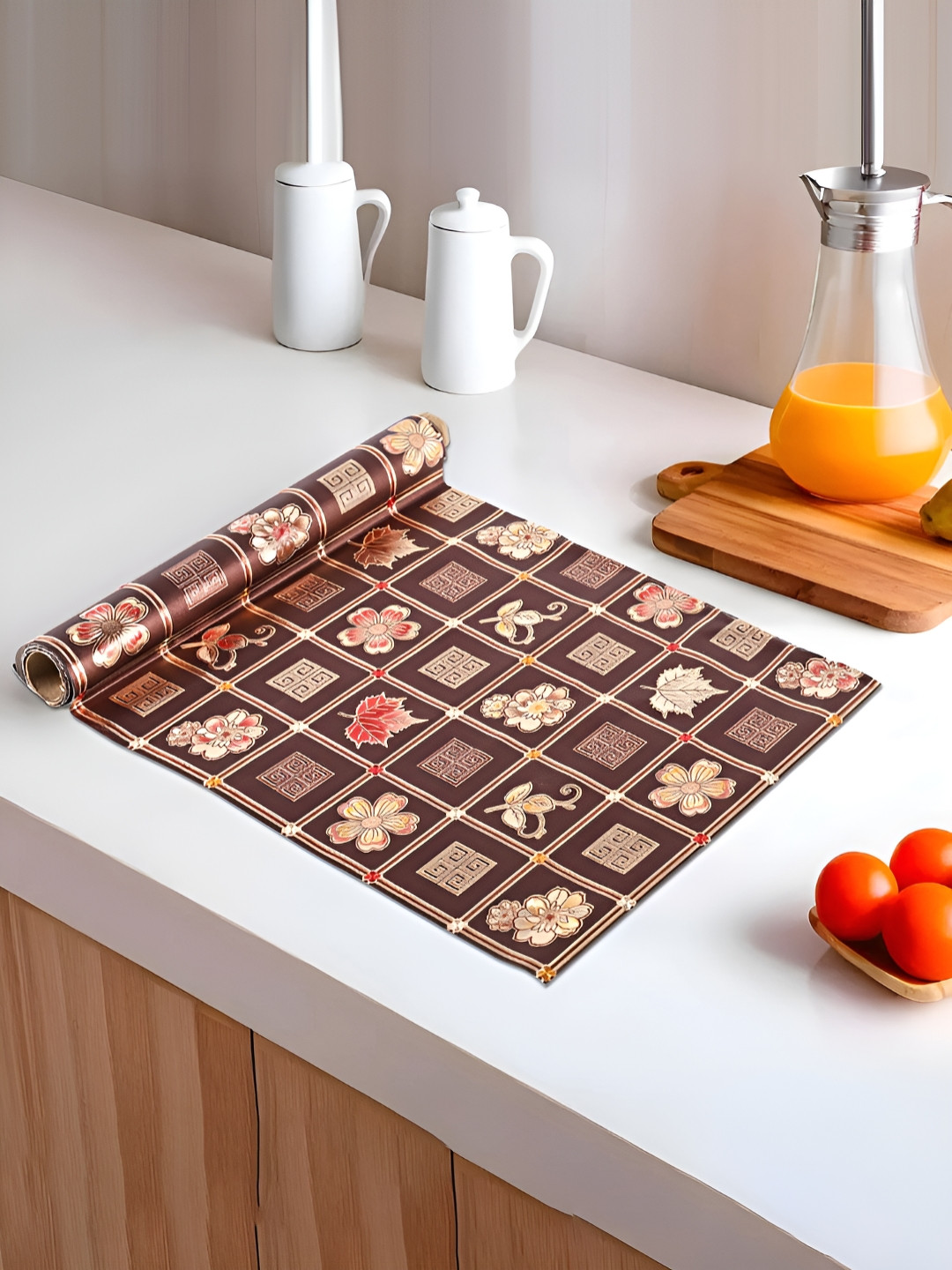 Myntra Elegant Homes Brown & Red Floral Printed Shelf Liner Organiser