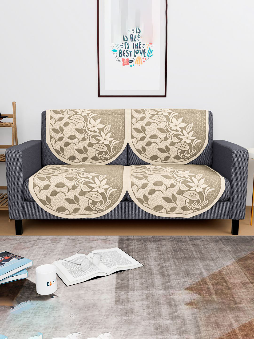 Kuber Industries Cream & Brown 4 Pieces Floral Self Design 2 Seater Cotton Sofa Cover