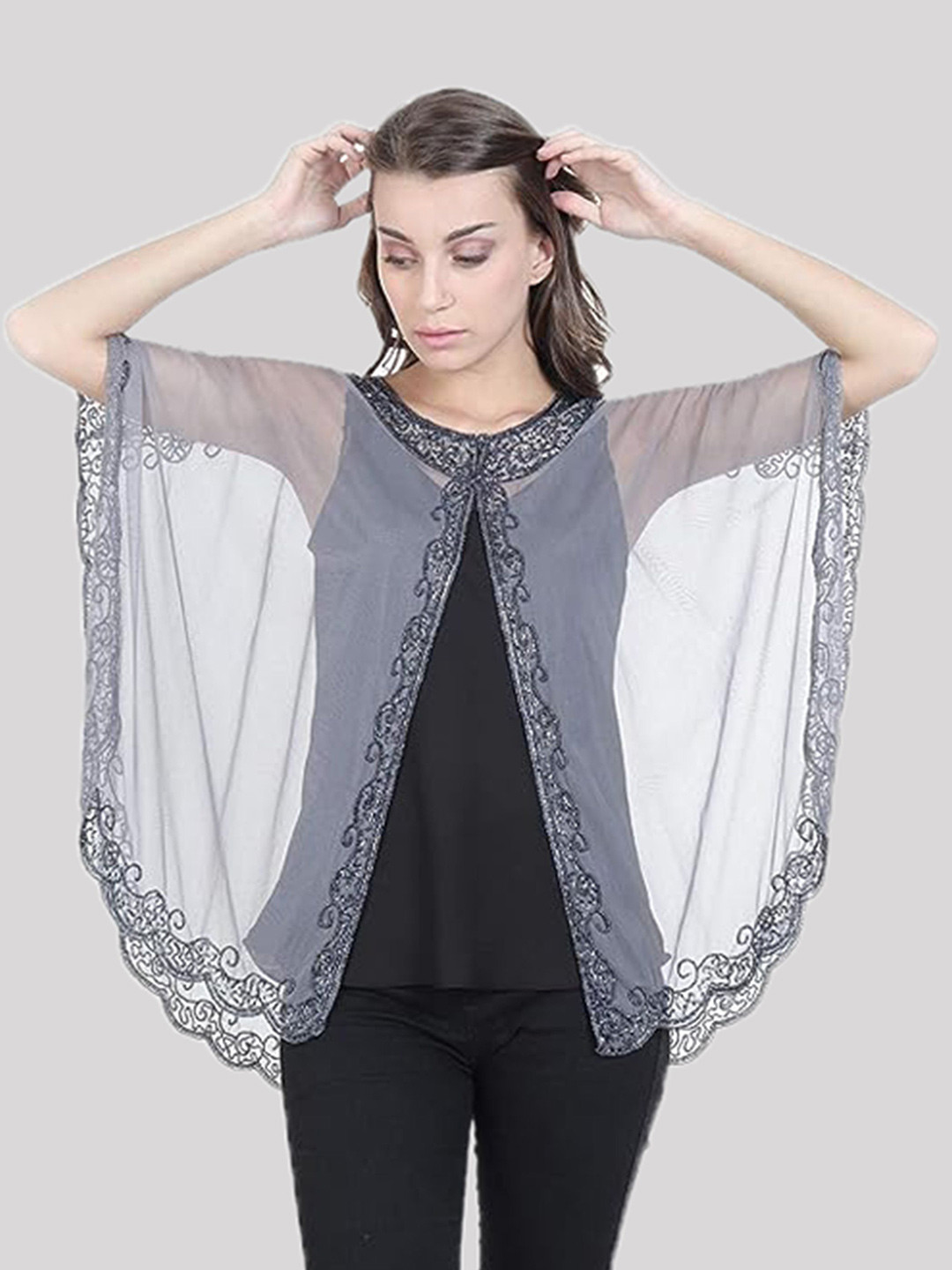 HAUTEMODA Beads Embroidered Poncho Cape Net Shrug