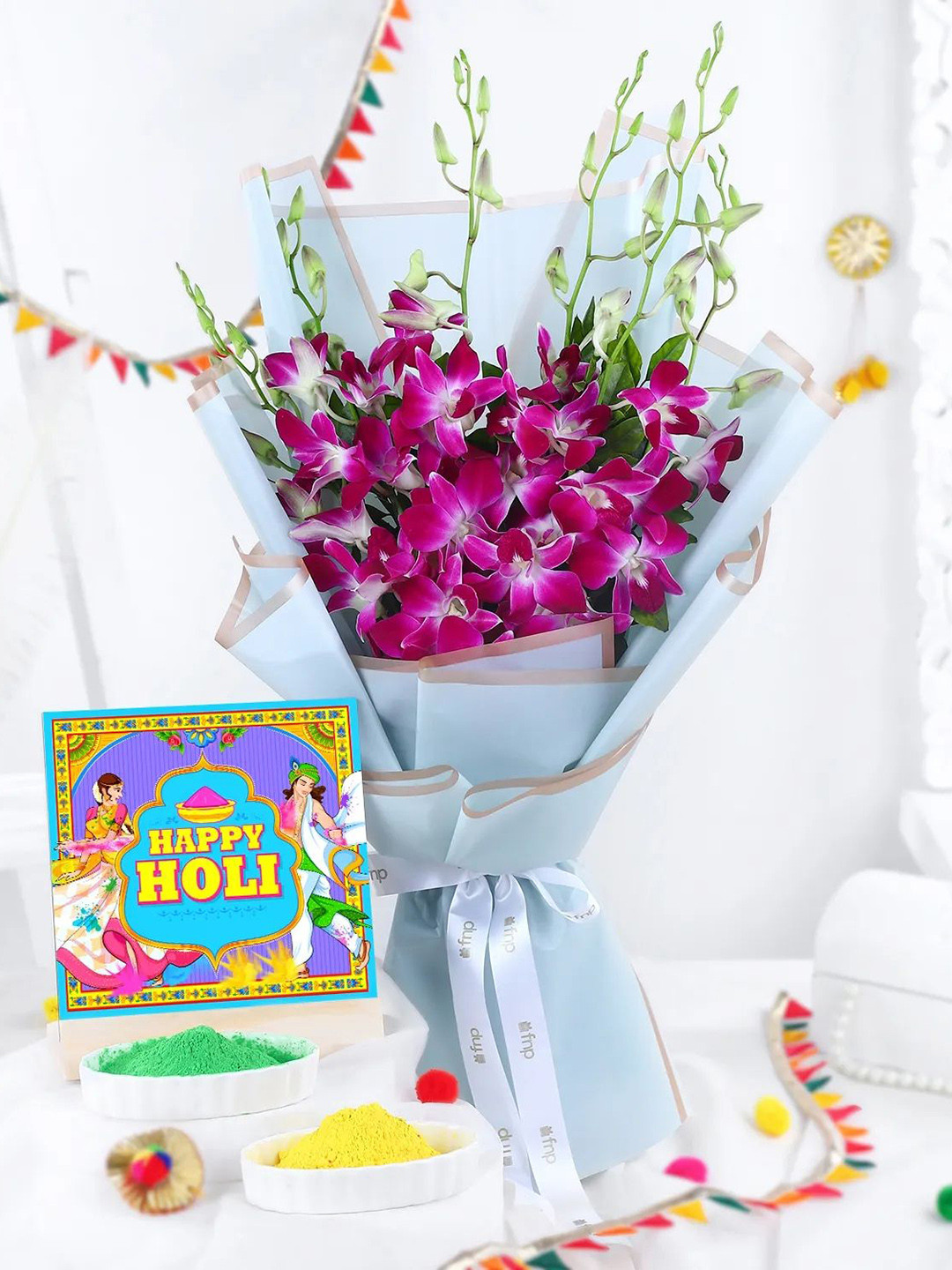 fnp Purple & Blue Holi & Fresh Flowers Combo