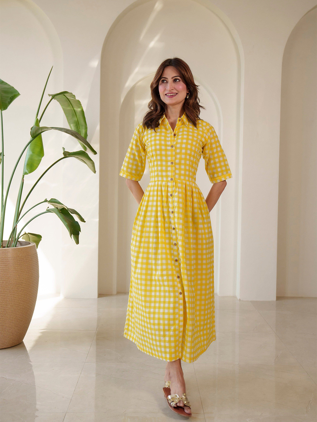 DIMPLE DESIGN STUDIO Women Yellow Checks Pure Cotton Shirt Dress
