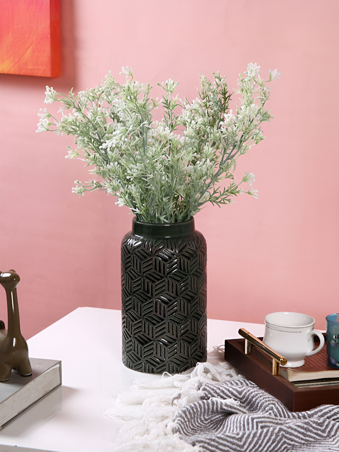Myntra Elegant Homes Green Geometric Textured Ceramic Vase