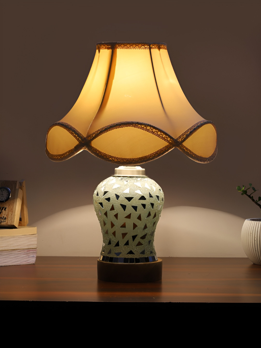 Devansh Off White Textured Bell Shape Wooden Table Lamp With Mosaic Glass Base