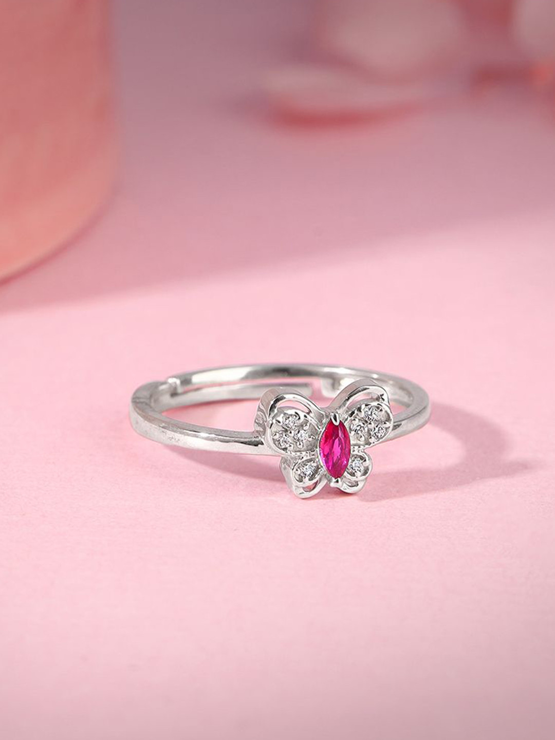 GIVA 925 Silver Rhodium Plated Pop Pink Cubic Zircon Studded Adjustable Butterfly Ring