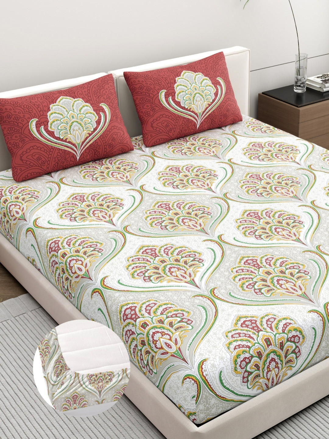 Dreamscape Royal Velar White Ethnic Motifs Cotton 200 TC King Fine Bedsheet with 2 Pillow Covers-183 x 198 cm