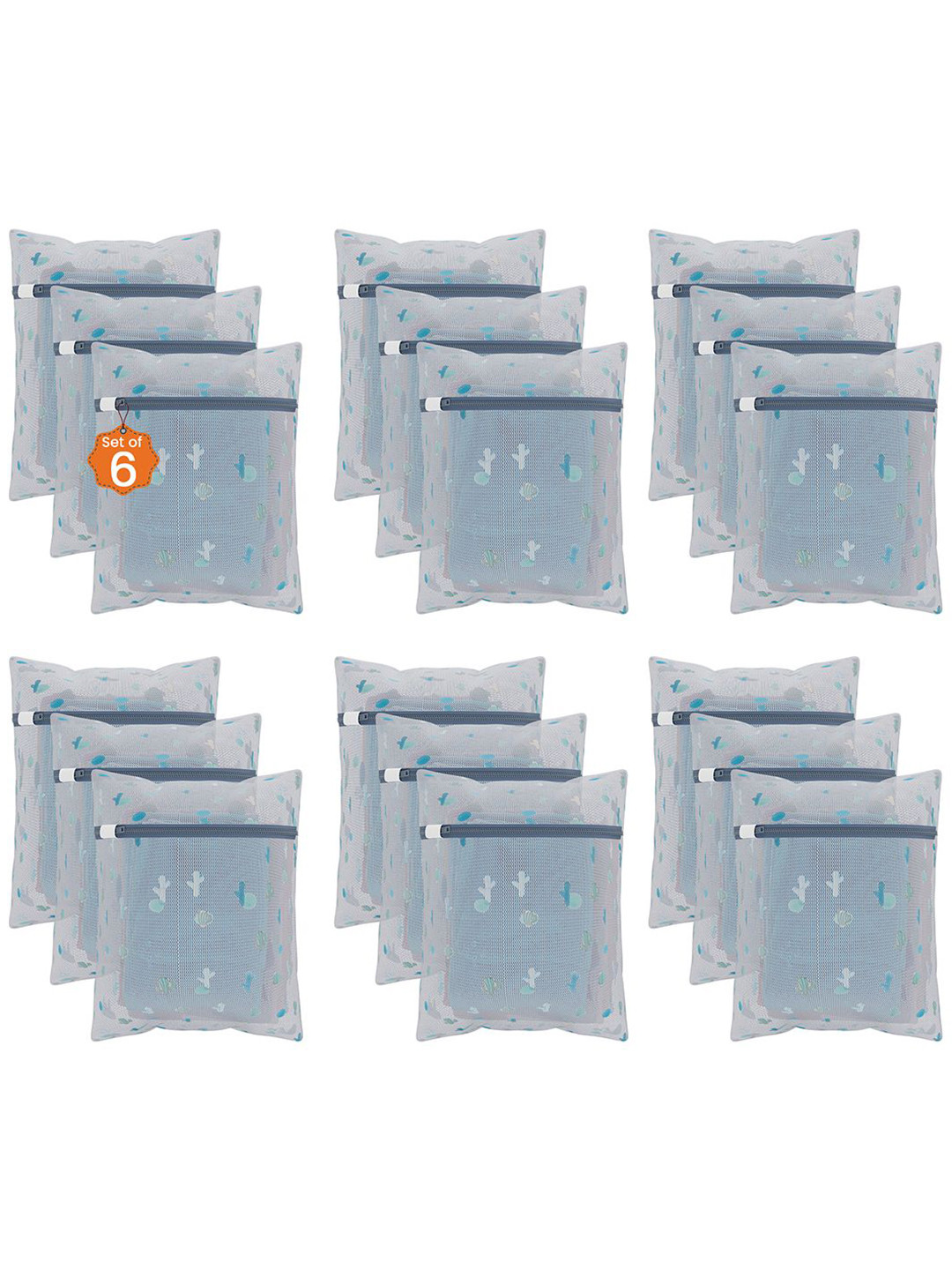 Kuber Industries White & Blue 18 Pieces Cactus Printed Reusable Laundry Bags With Zipper