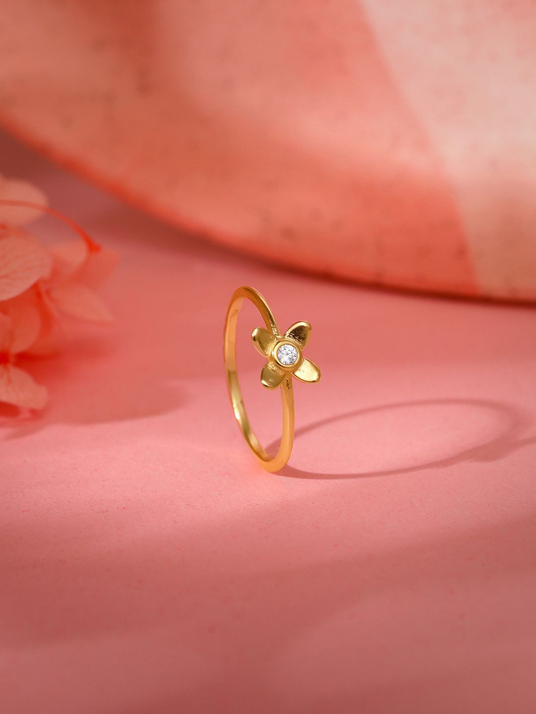 GIVA 925 Sterling Silver Gold Plated Cubic Zirconia Studded Beautiful Orchid Ring