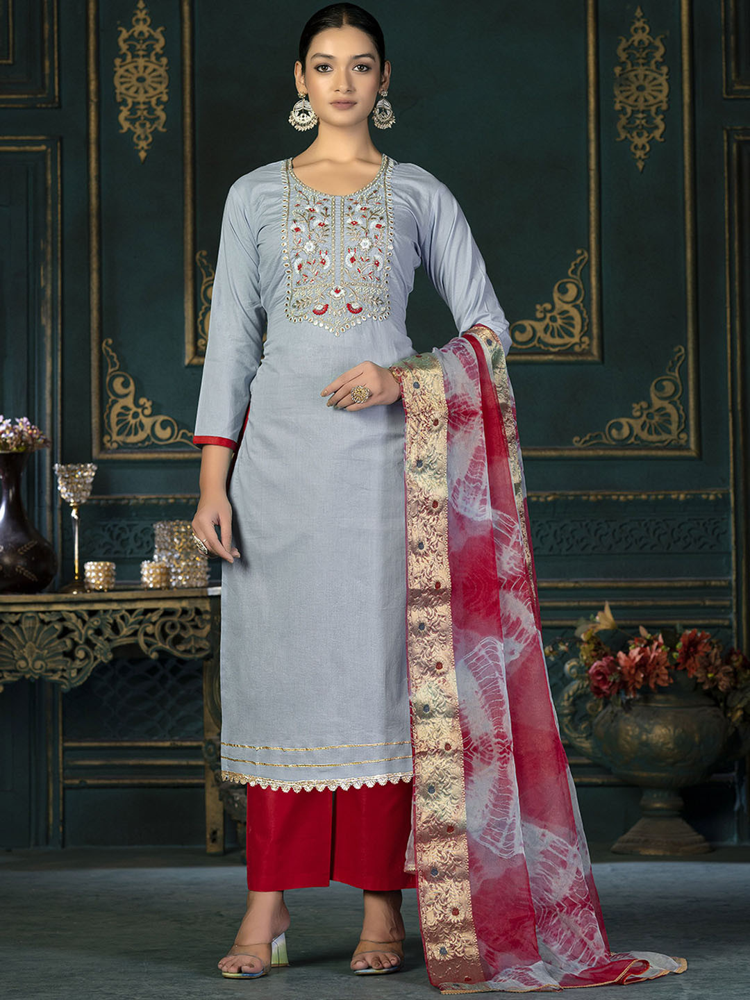 SHADOW & SAINING Embroidered Mirror Work Pure Cotton Semi-Stitched Dress Material