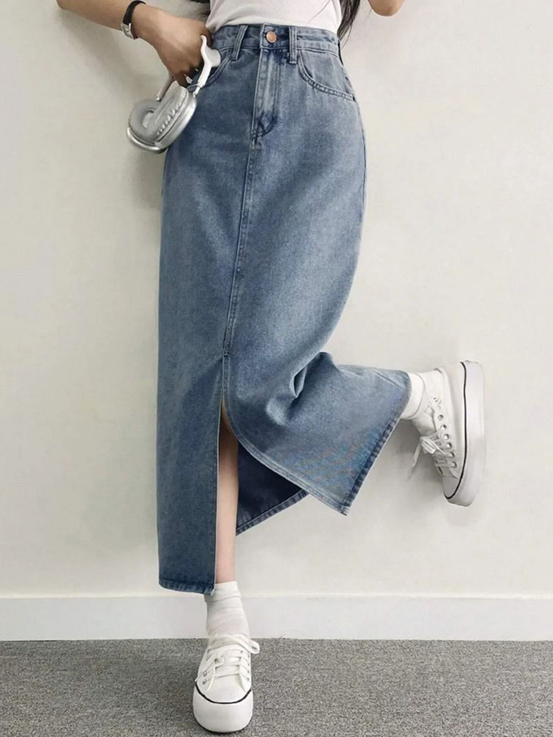 dolsia Indigo Front Slit A-Line Maxi Denim Skirt