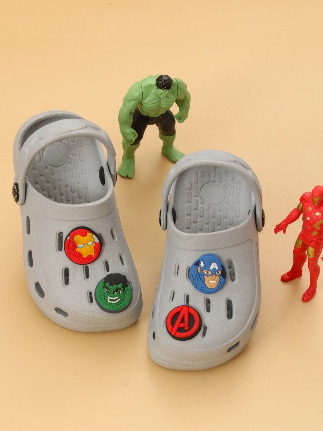 Yellow Bee Boys Self Design Clogs with Iron Man, Hulk & Captain America Charms
