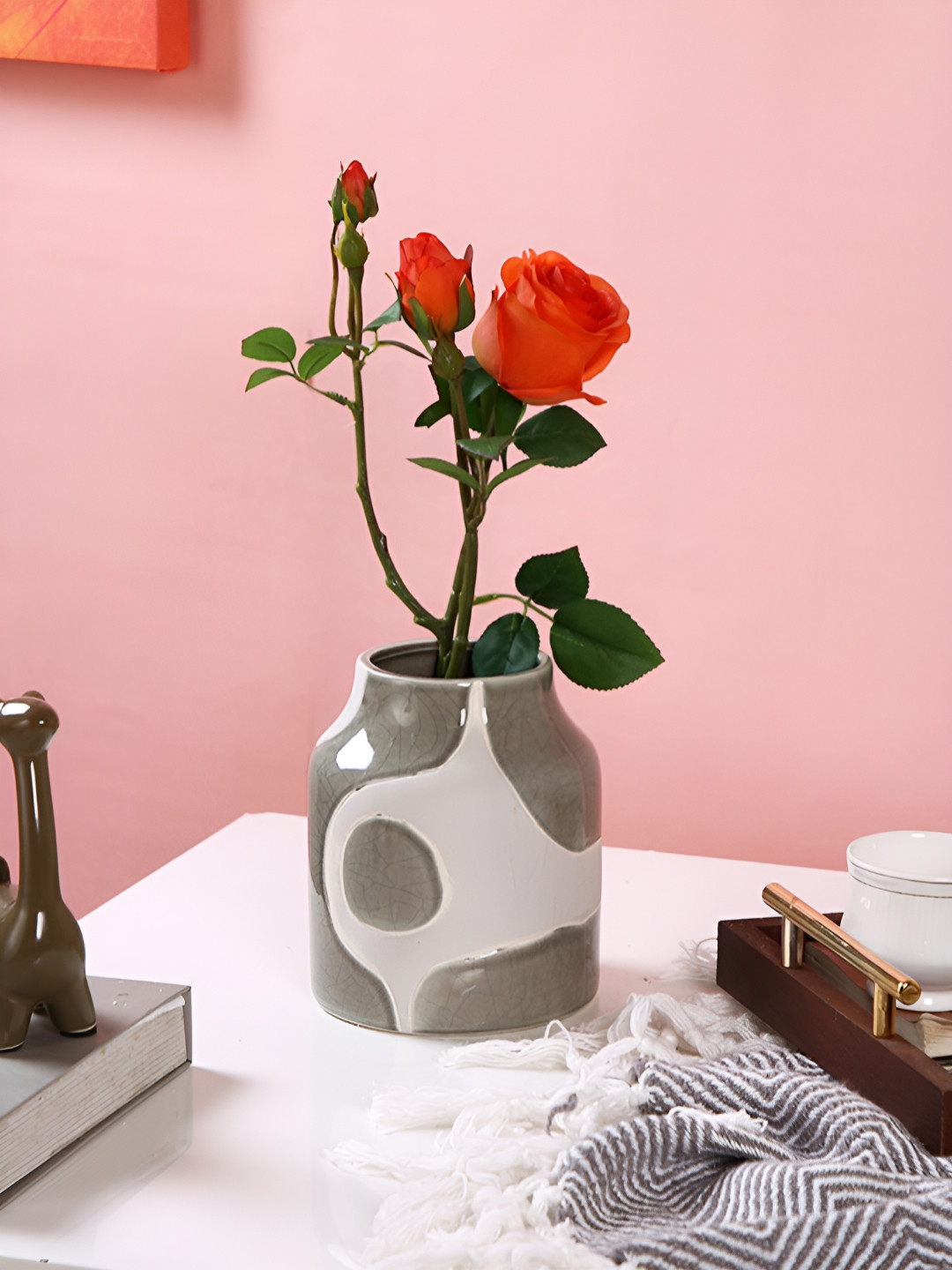 Myntra Elegant Homes White & Beige Abstract Printed Ceramic Vase