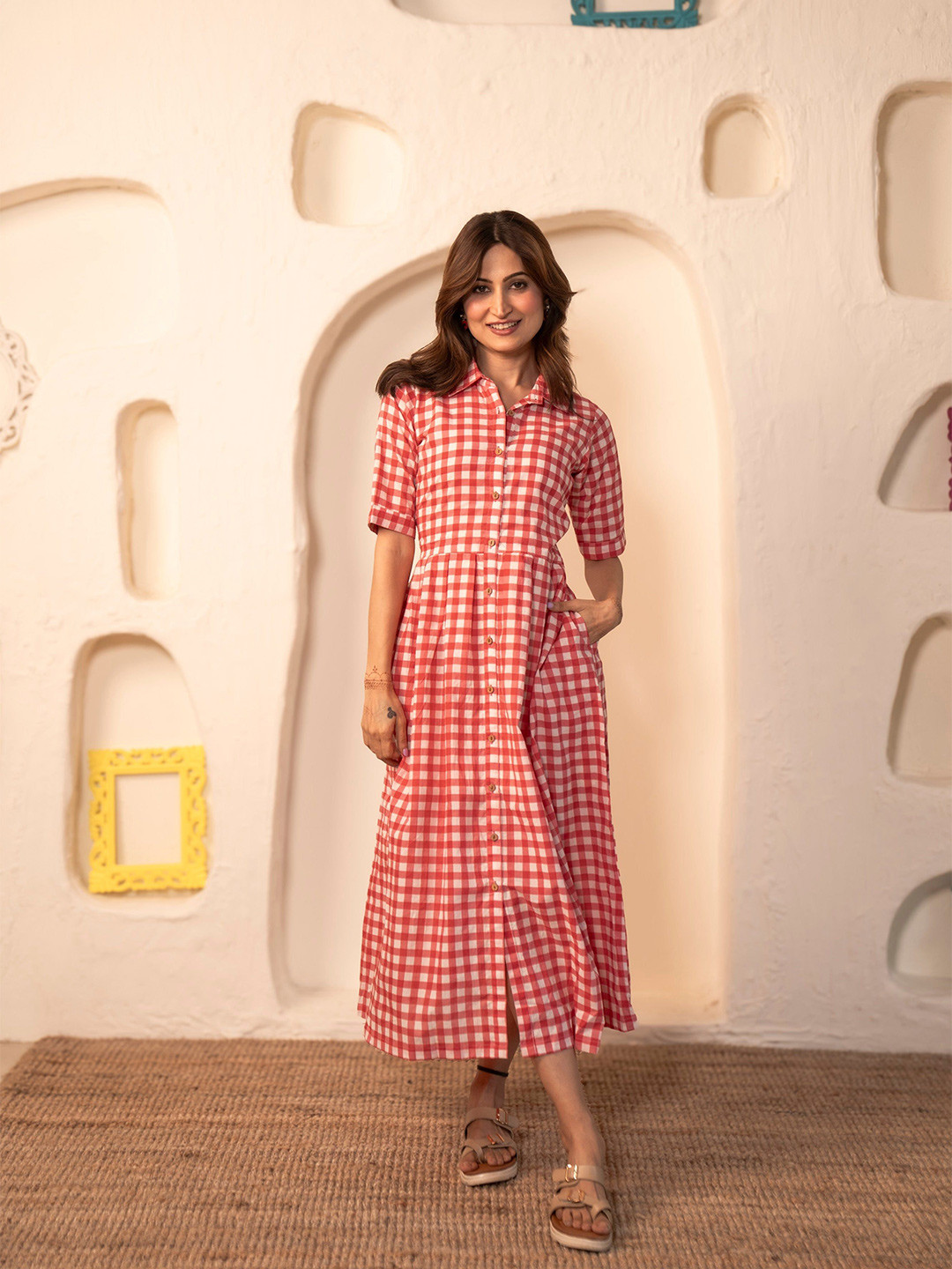 DIMPLE DESIGN STUDIO Women Red Checks Cotton Shirt Dress