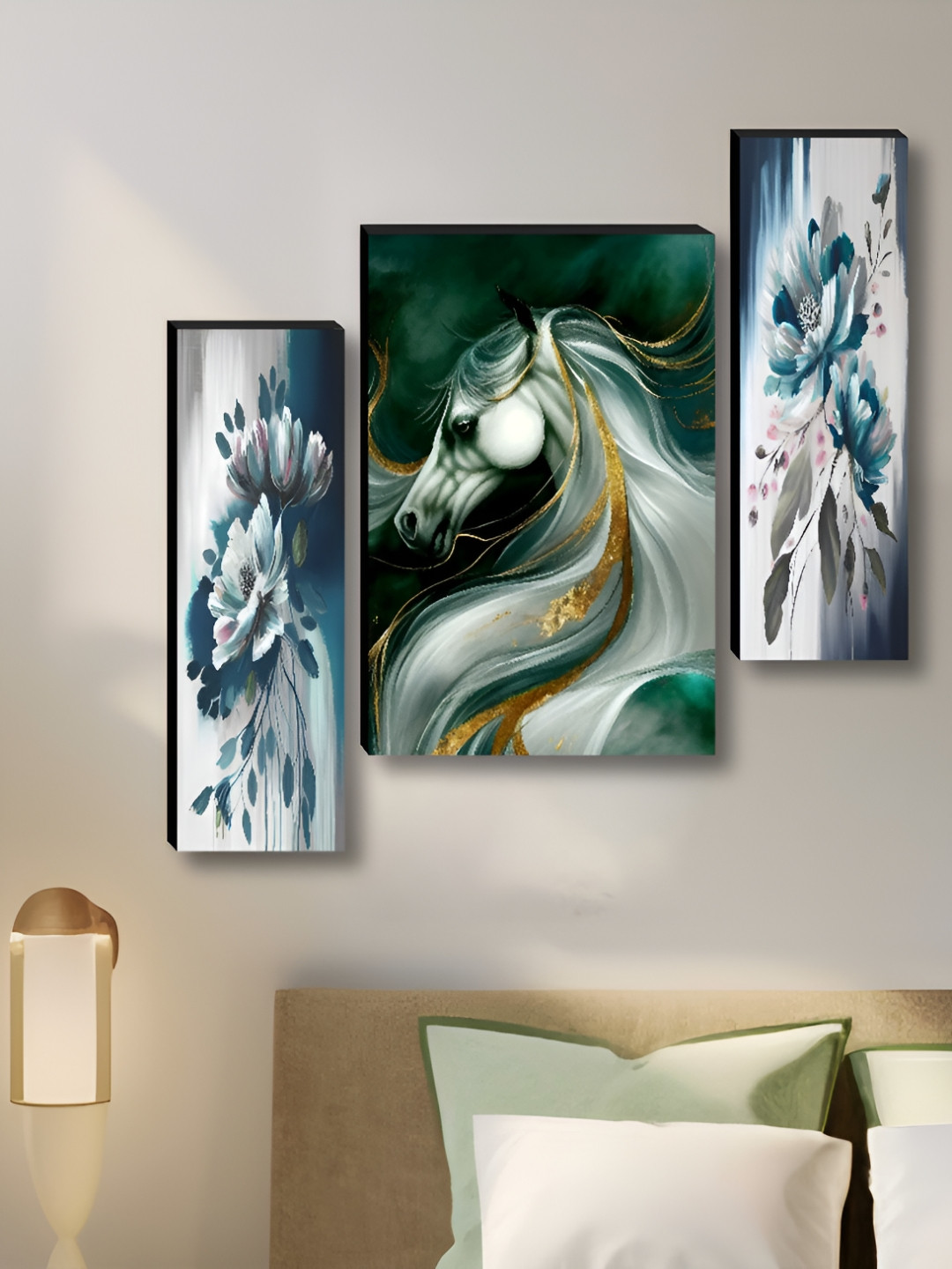 Myntra Elegant Homes Green & Blue 3 Pieces Birds and Animals Horse & Flower Wall Art
