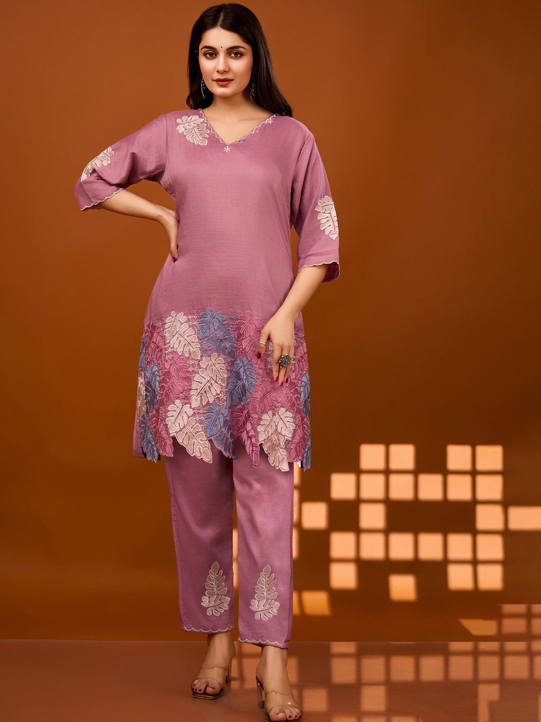 AUTUMN LANE Floral Embordered V-Neck Tunic With Trousers