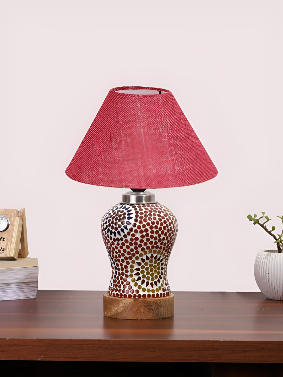 Devansh Pink Textured Frustum Shaped Wooden Table Lamp