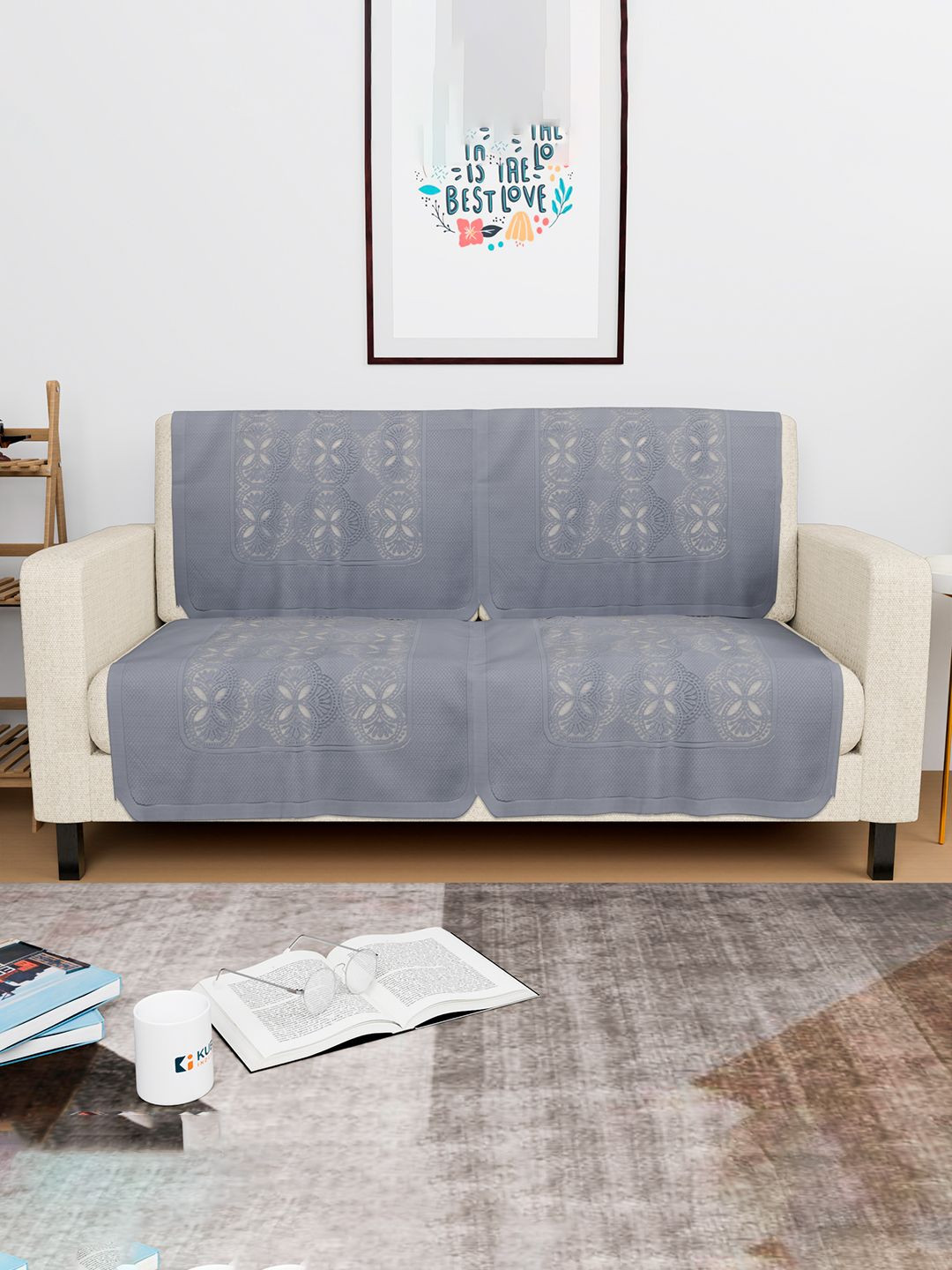 Kuber Industries Grey 4 Piece Self Design 2 Seater Cotton Sofa Covers