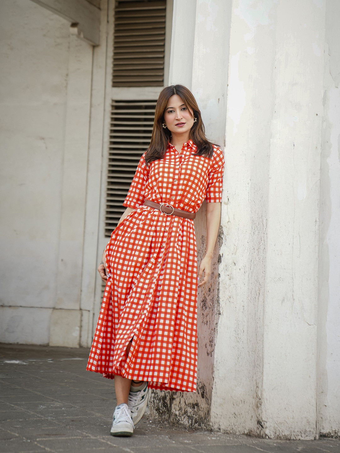 DIMPLE DESIGN STUDIO Women Red Checks Cotton Shirt Dress