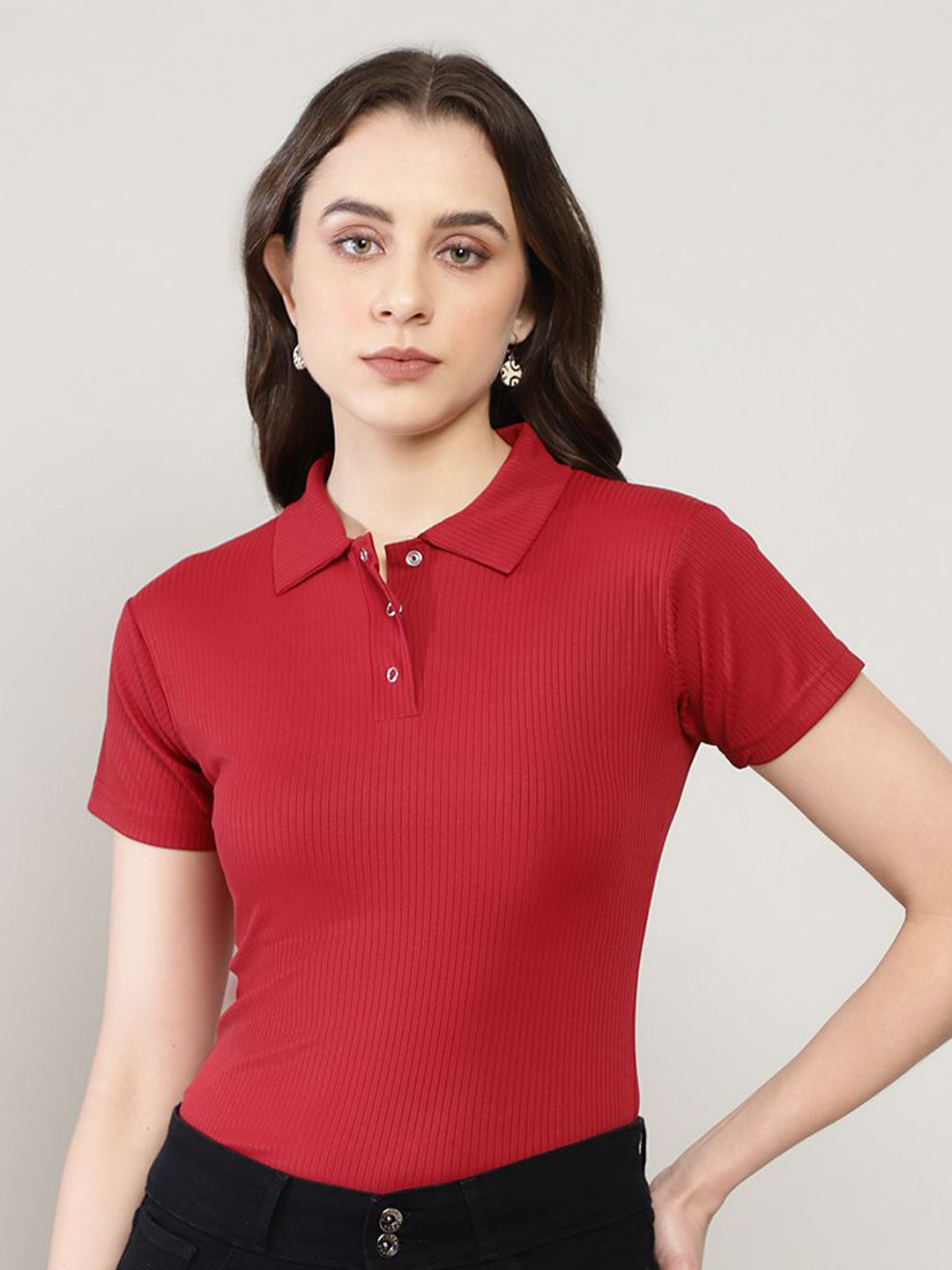 Sugathari Women Shirt Collar Sheen Ribbed Fitted Top