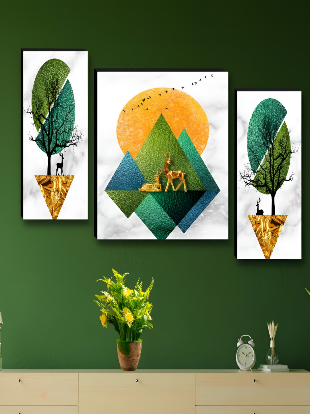 Myntra Elegant Homes White & Green 3 Pieces Tree & Deer Wall Art