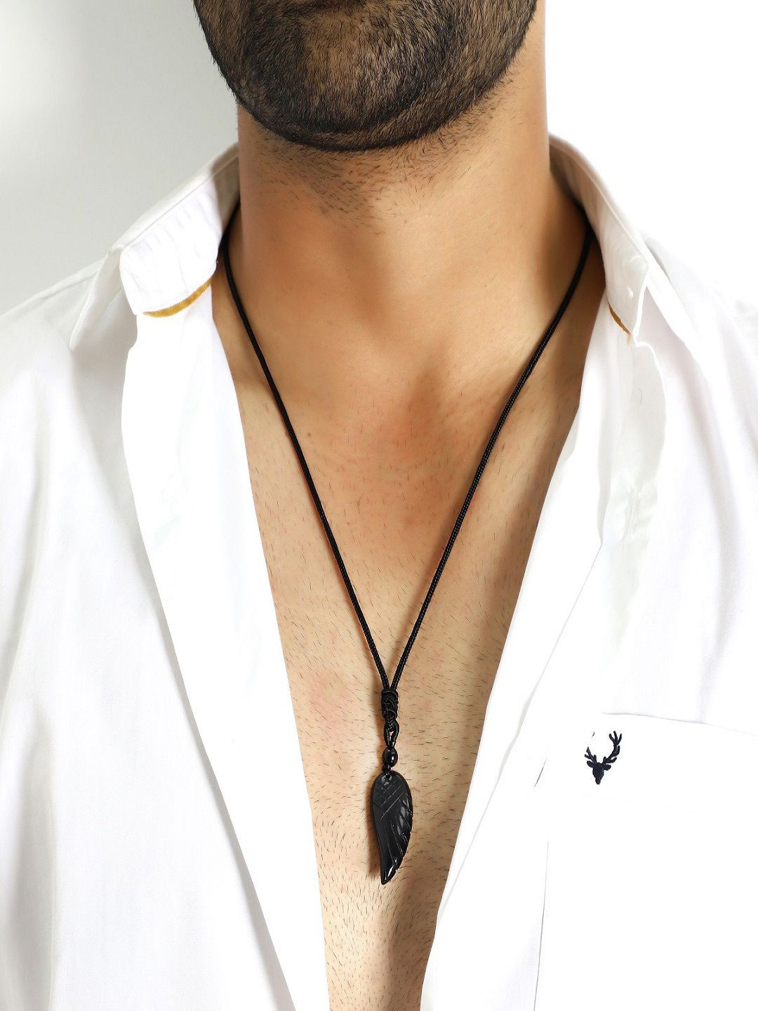 Nirvana Men Stainless Steel Onyx Feather Shaped  Angel Wing Rope Pendant