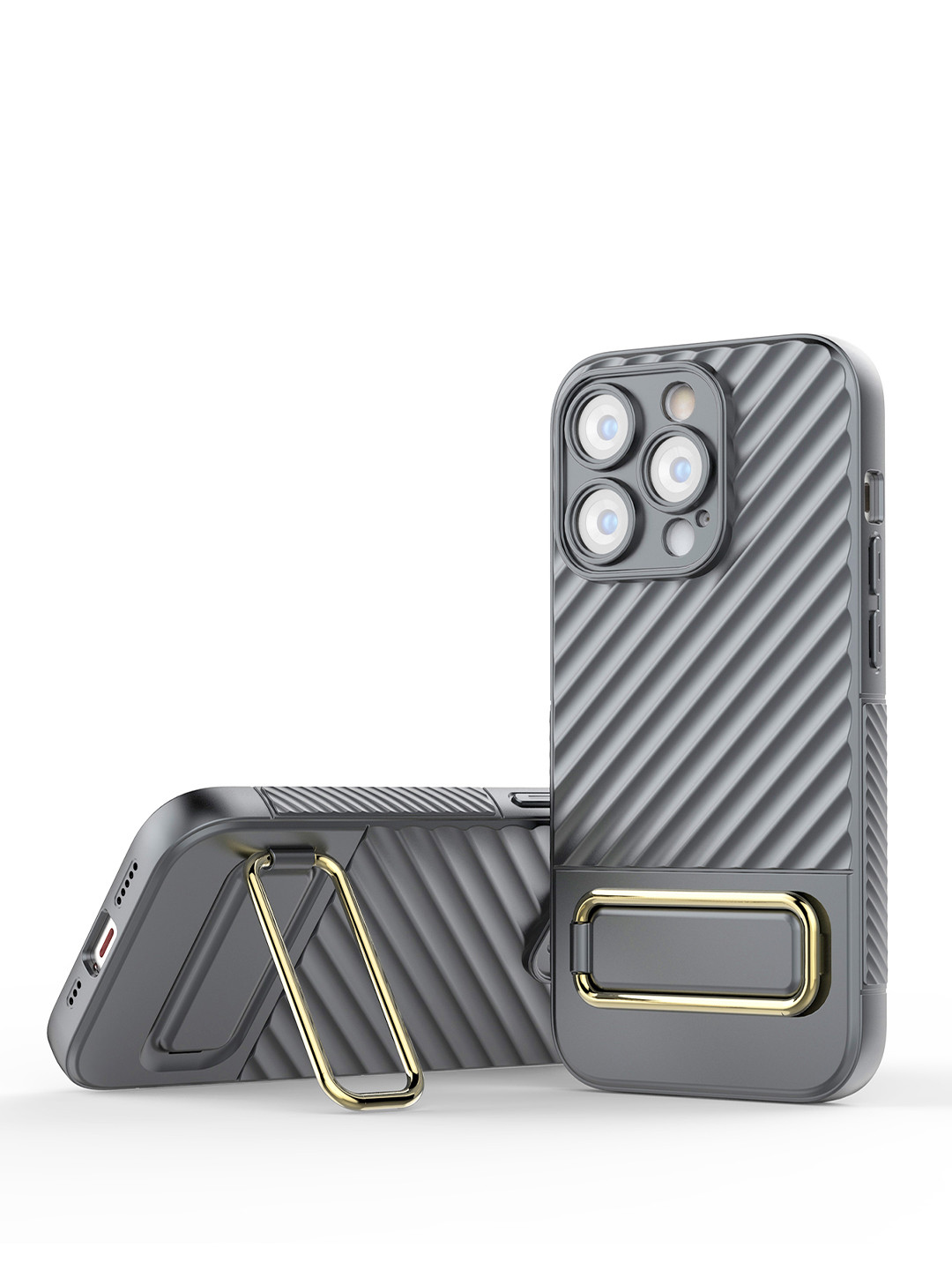 QRIOH iPhone 14 Pro Grey Back Cover with Gold Metal Kickstand