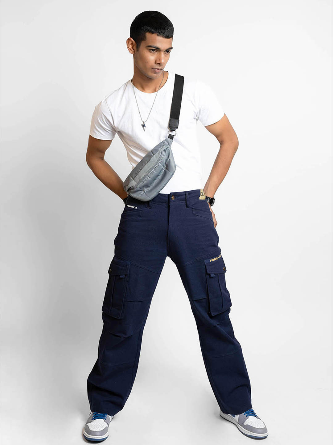 FIBONACCI Men Navy Baggy Cargo Pants