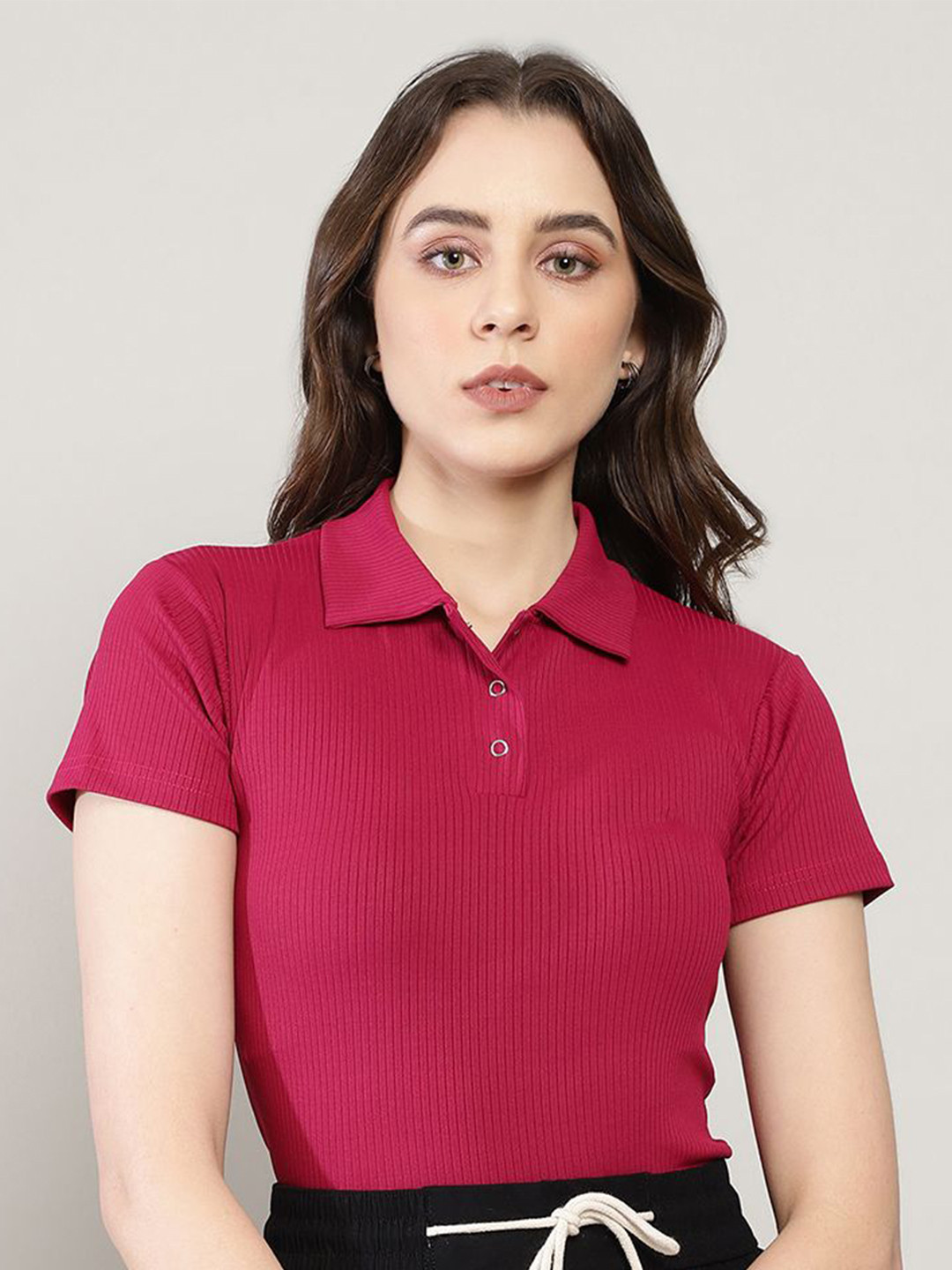 Sugathari Women Ribbed Shirt Collar Neck Fitted Top