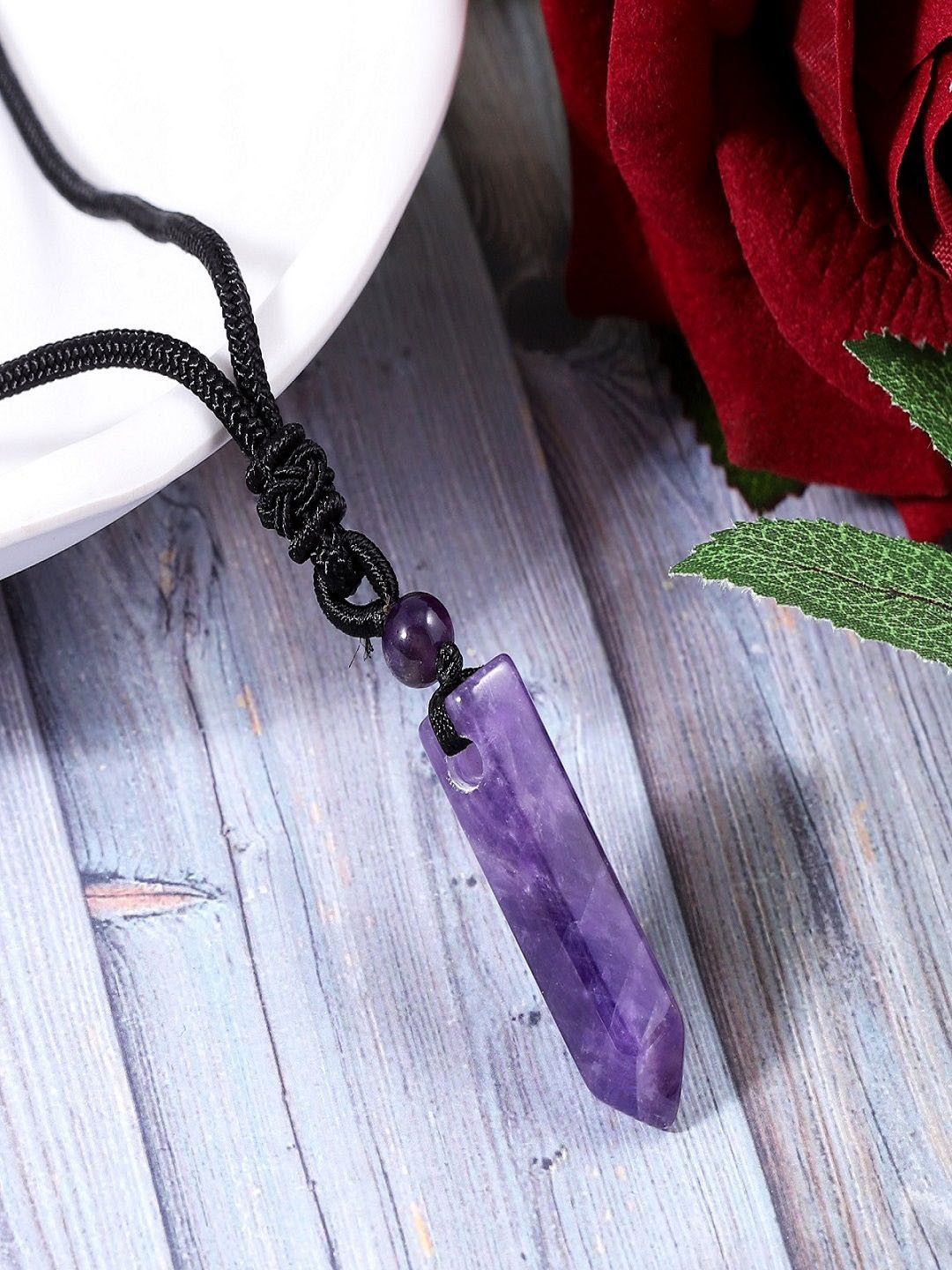 Nirvana Unisex Stainless Steel Geometric Amethyst Pencil Point Rope Pendant