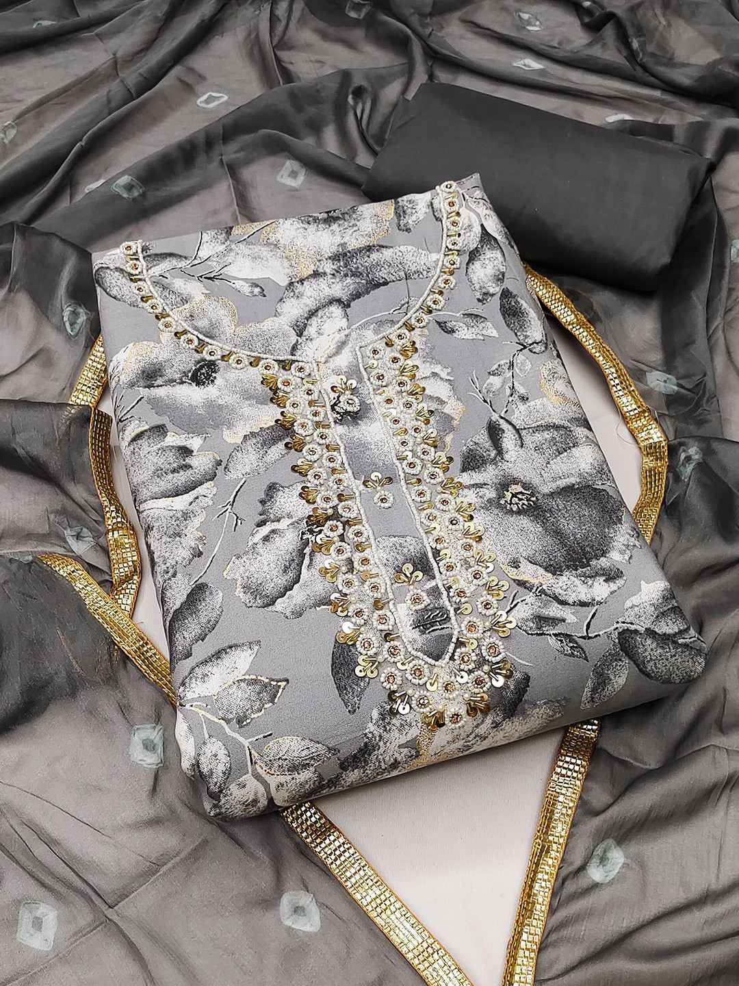 SHADOW & SAINING Embellished Beads and Stones Jam Cotton Semi-Stitched Dress Material