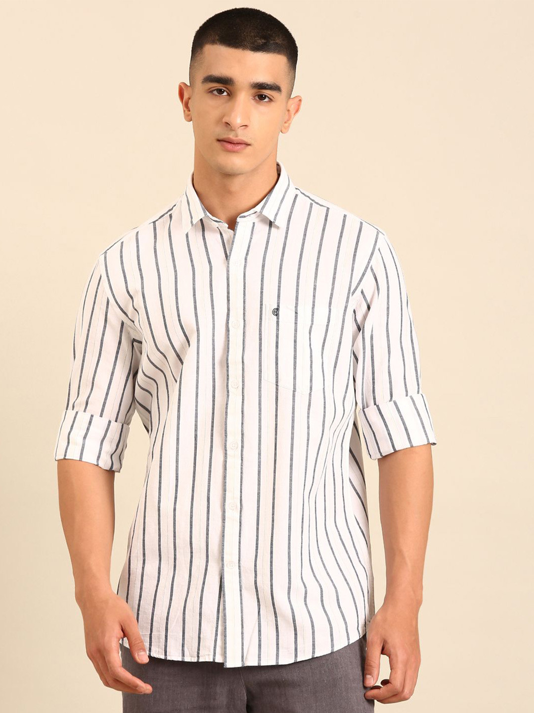 CAVALLO by Linen Club Men Vertical Striped Linen Contemporary Slim Fit Casual Shirts