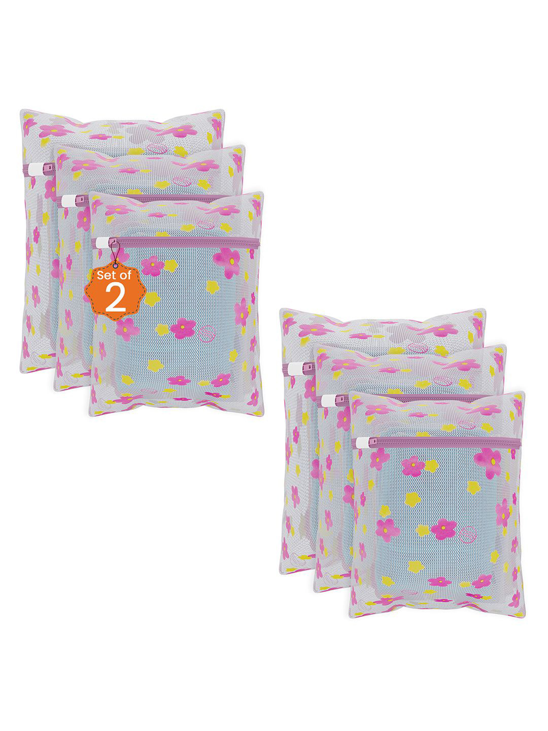 Kuber Industries Pink 6 Pieces Sunflower Designed Reusable Laundry Bags With Zipper