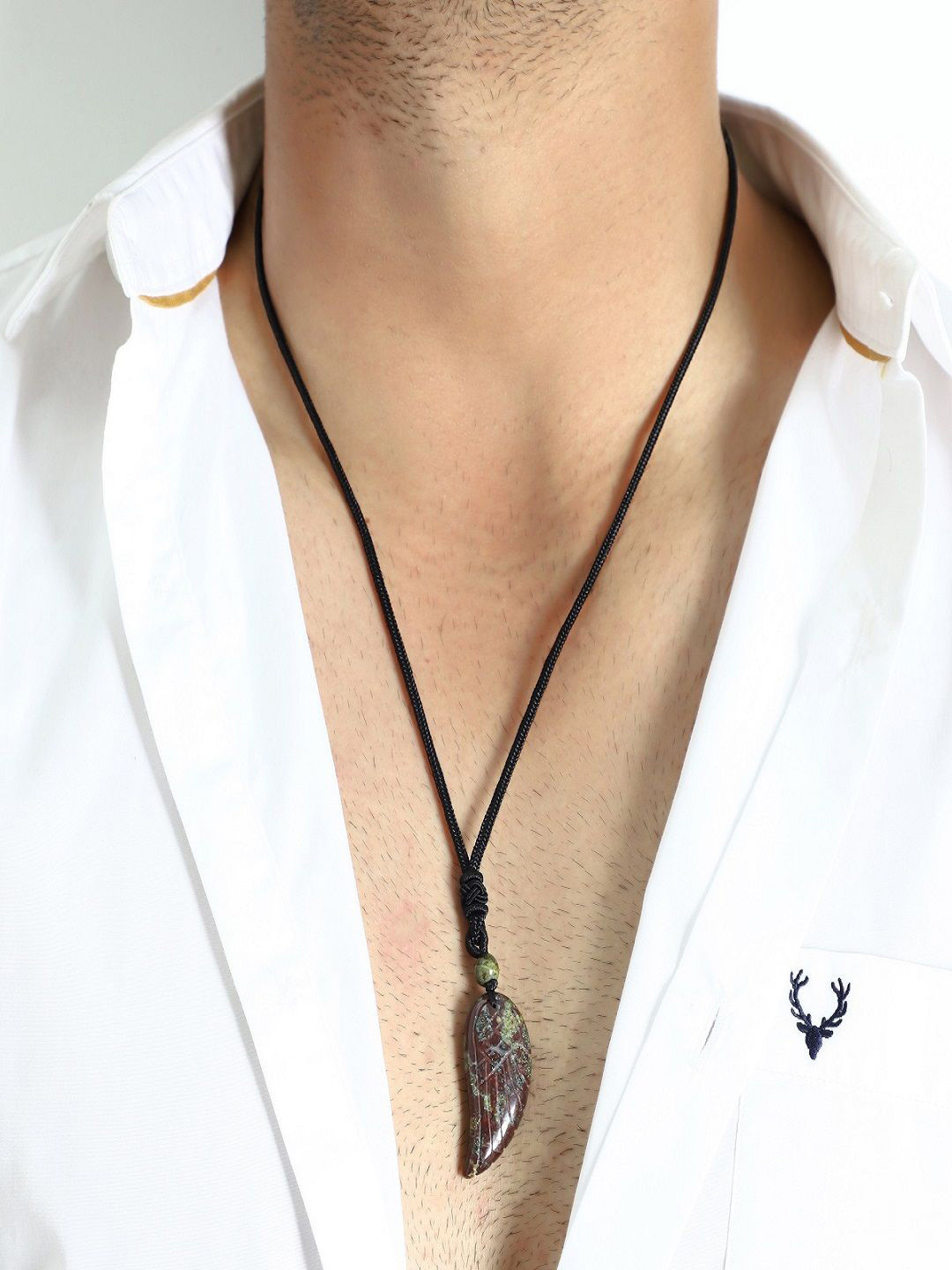 Nirvana Men Stainless Steel Feather Shaped Dragon Blood Jasper Carved Angel Wing Pendant