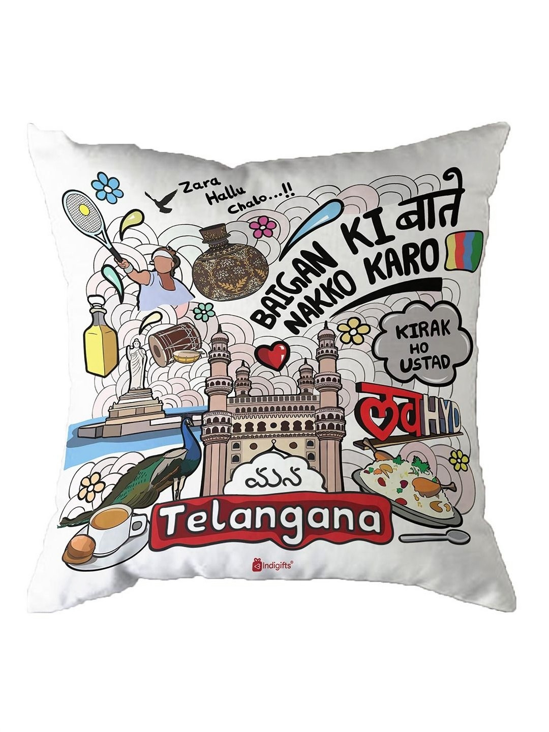 Indigifts Yellow & White Printed Square Shape Cushion Cover With Filler