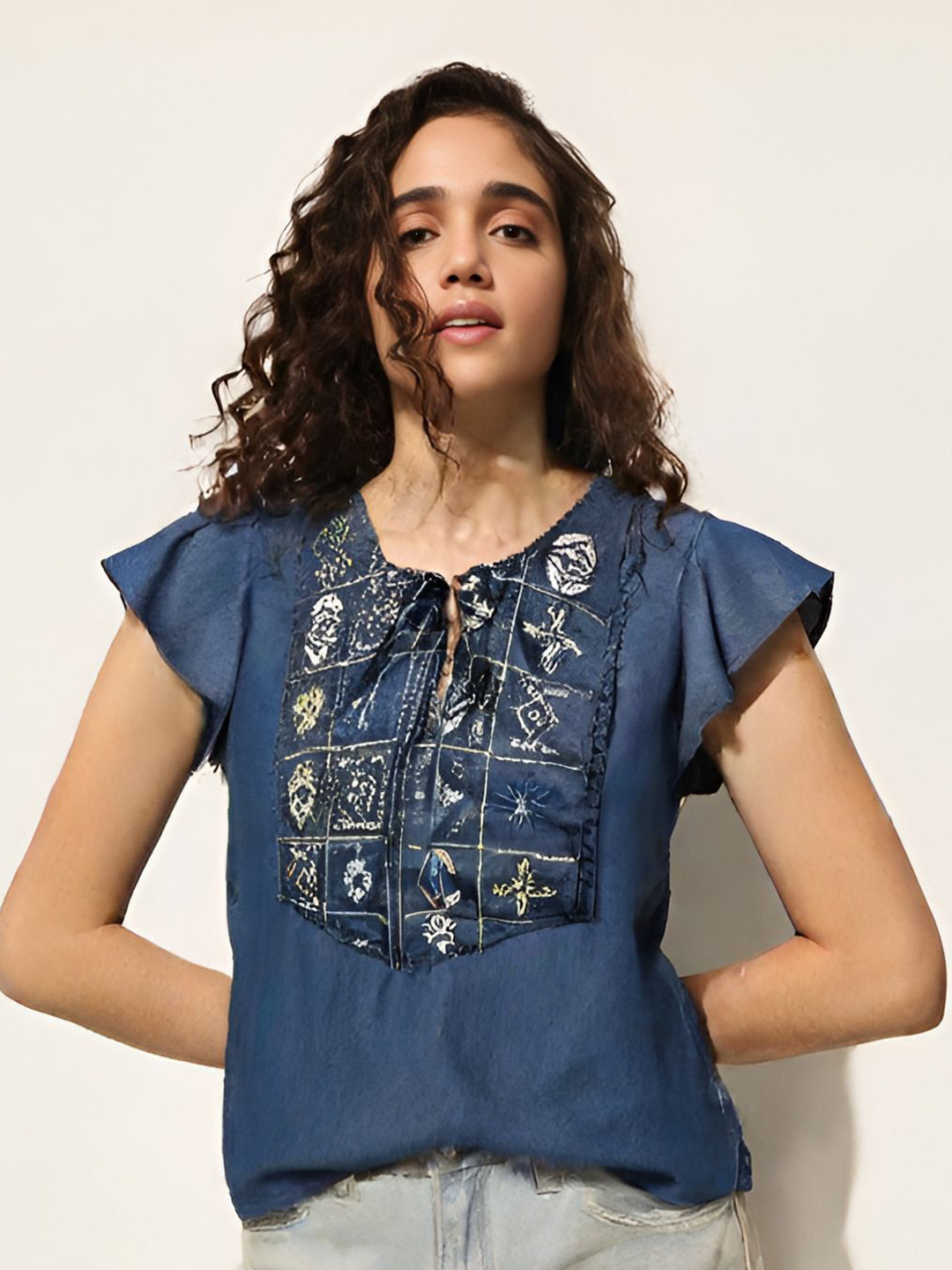 Shiv traders collection Floral Embroidered Tie-Up Neck Flutter Sleeve Cotton Denim Top