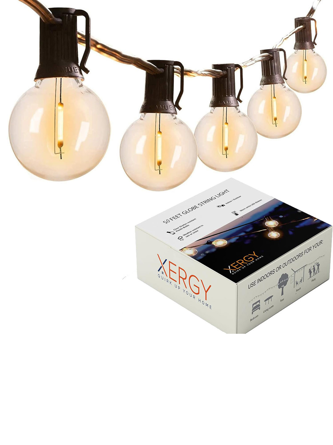 XERGY 50 Feet Outdoor String Lights G40 Globe LED Lights 52 LED Break Proof Bulbs