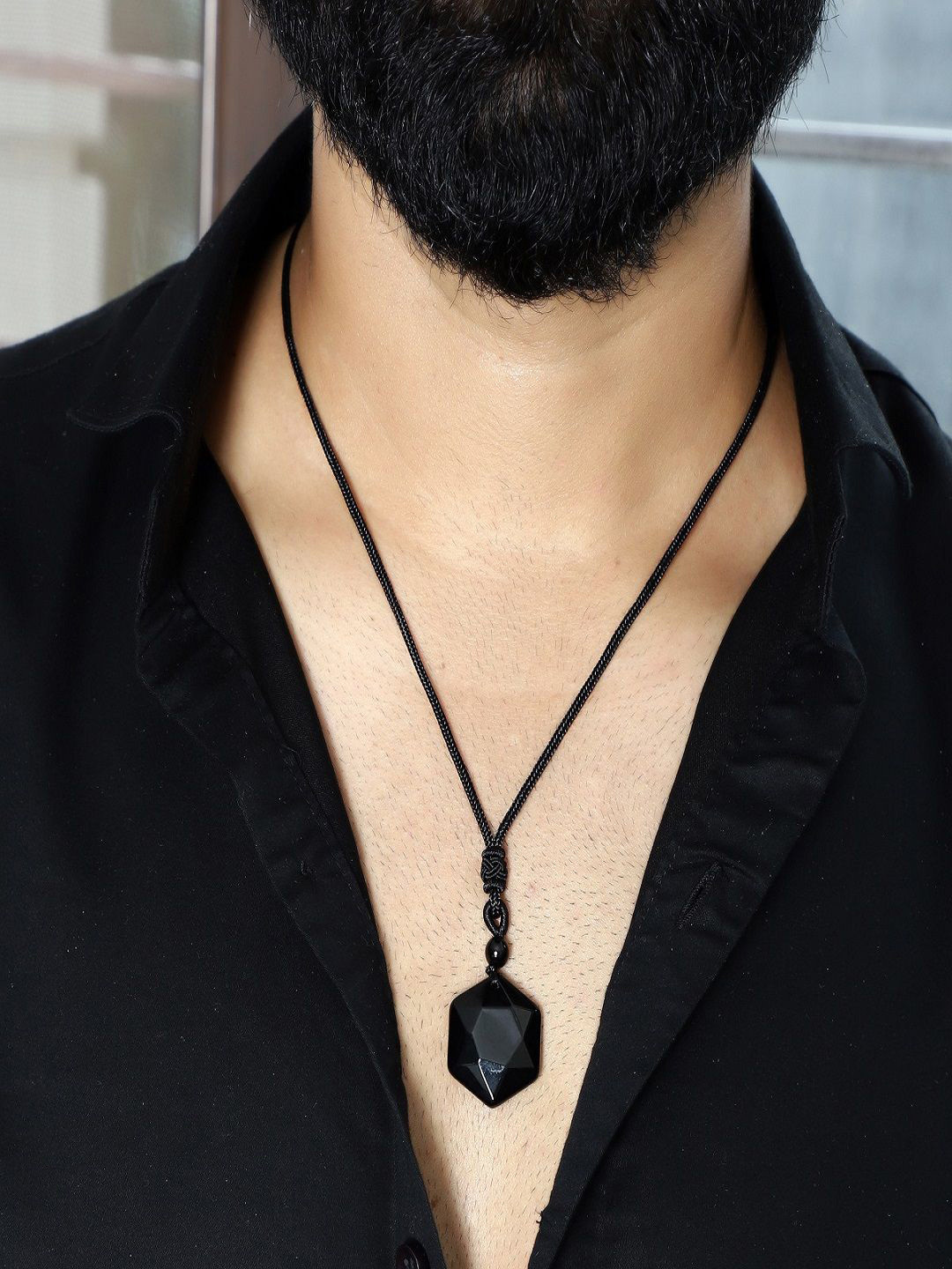 Nirvana Stainless Steel Onyx Stones Studded Hexagram Shaped Pendants
