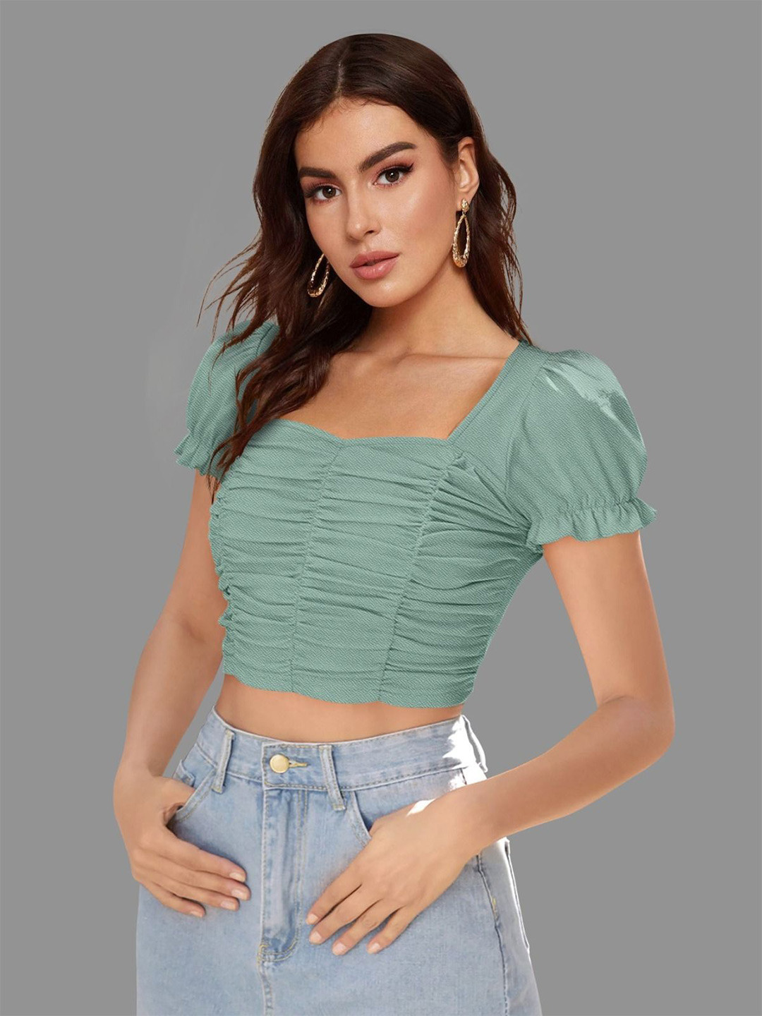 DHUNKI Ruched Puff Sleeve Fitted Crop Top