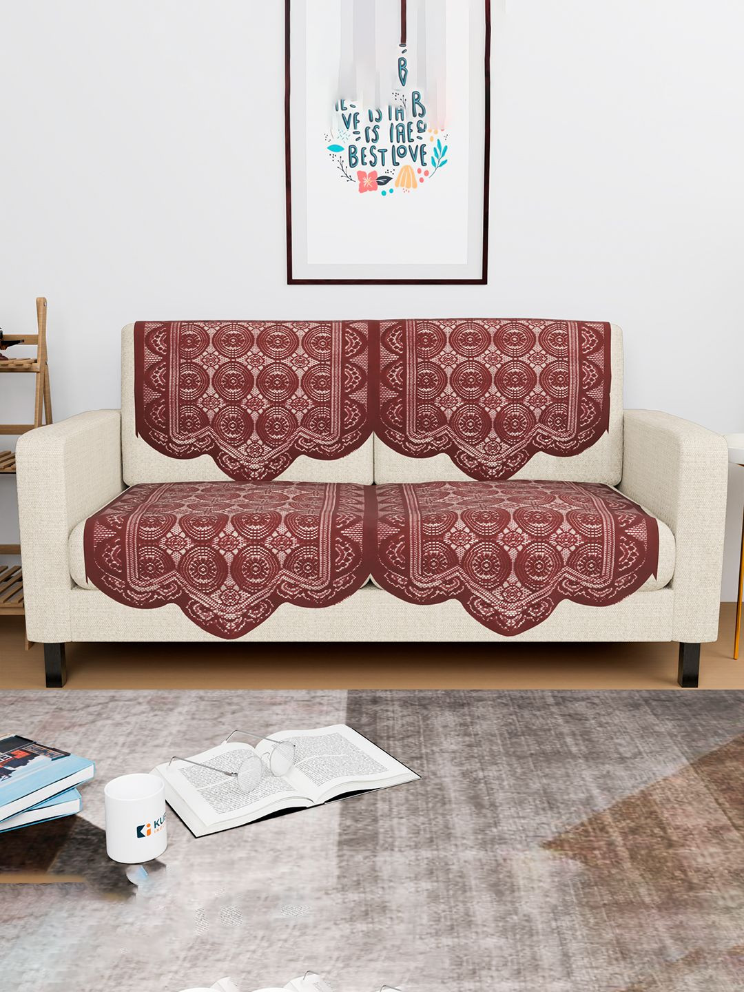 Kuber Industries Maroon 4 Pieces Floral Self Design 2 Seater Cotton Sofa Cover