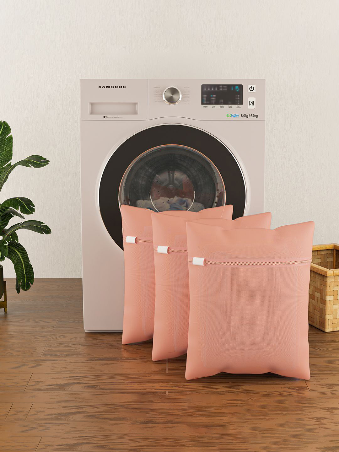 Kuber Industries Peach-Color 3 Pieces Reusable Rectangular Laundry Bags With Zipper