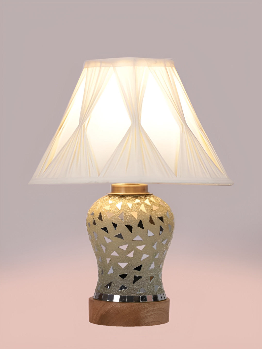 Devansh White Abstract Shape Wooden Table Lamp With Mosaic Glass Base