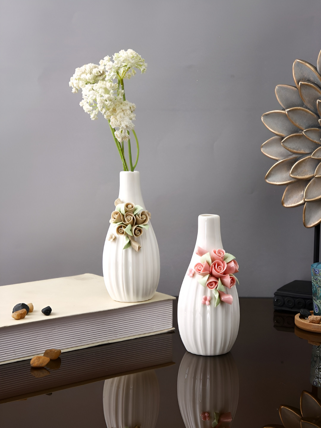 Myntra Elegant Homes White & Pink 2 Pieces Floral Textured Romantic Floral Ceramic Vases