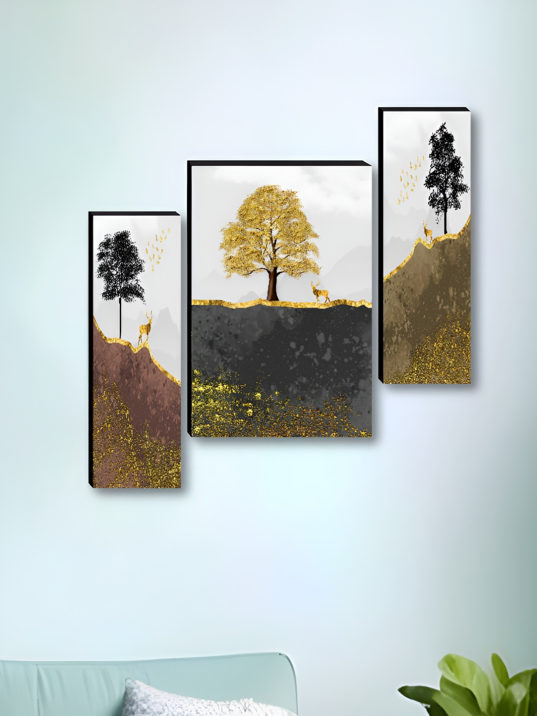 Myntra Elegant Homes White & Gold-Toned 3 Piece Tree Floral and Botanical Wall Art